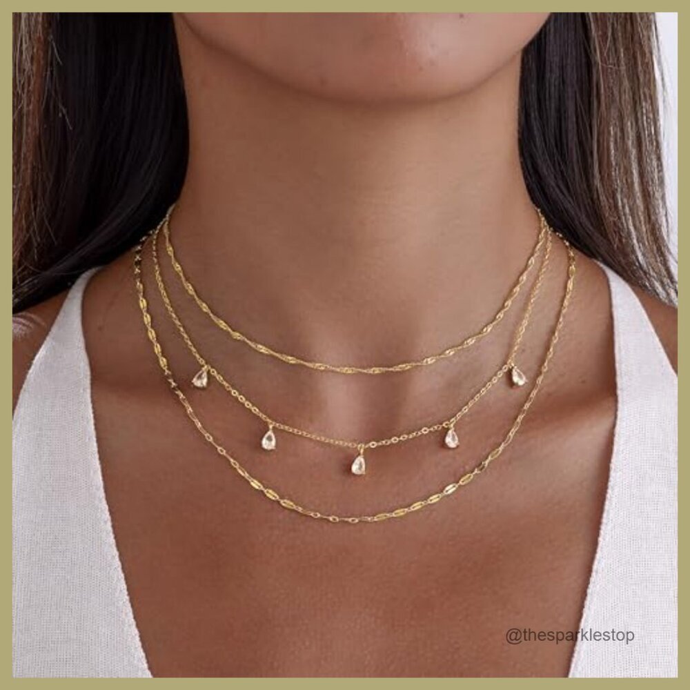14k Gold Plated Layered Necklace Set with CZ Choker - Picture 5 of 7
